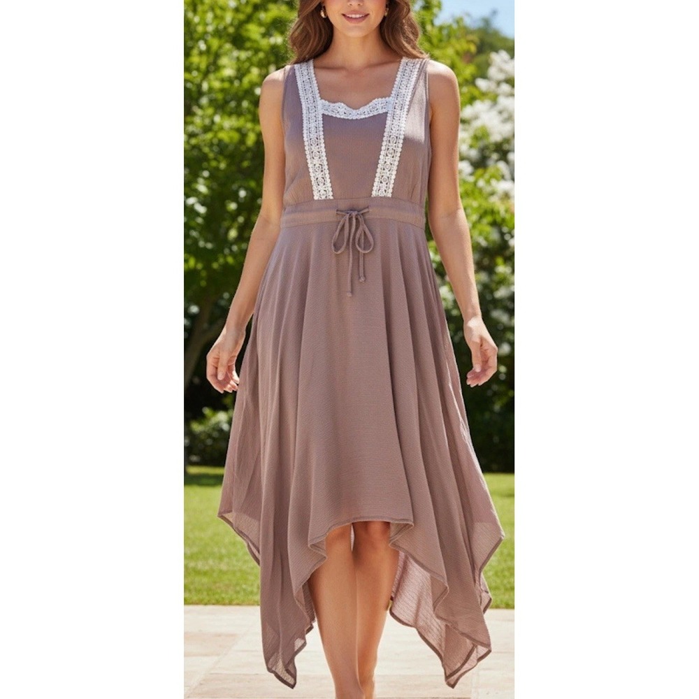 Womens S Umgee Beige Gauze Handkerchief Hem Sleeveless Dress Boho Casual Lace